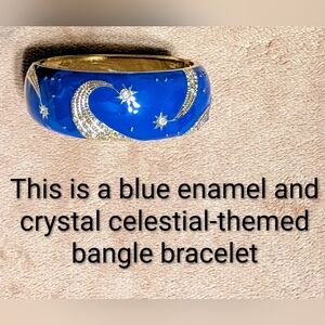 Blue Enamel Gold-plated With Rhinestones Celestial Bangle Cuff Bracelet